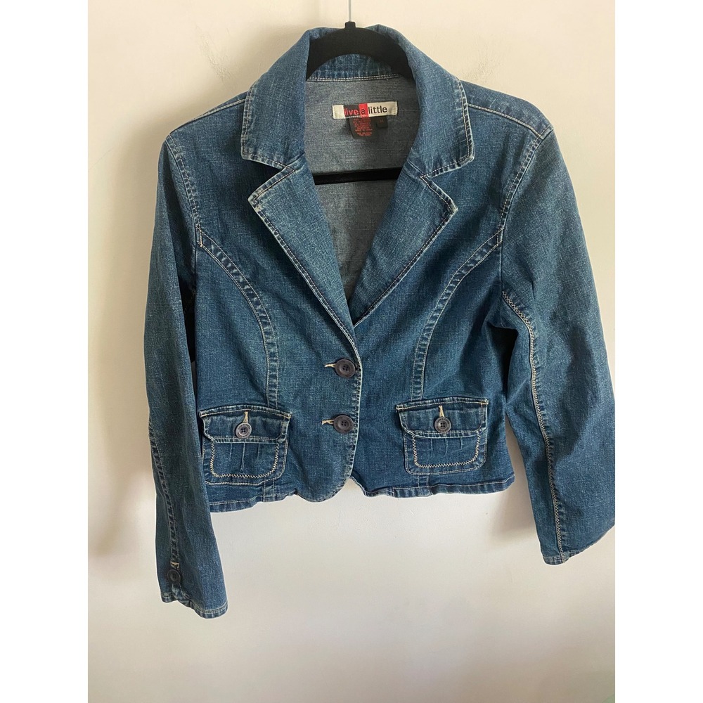 Live a Little Womens Medium Wash Denim Cropped Blazer Jacket Blue Size M 55573